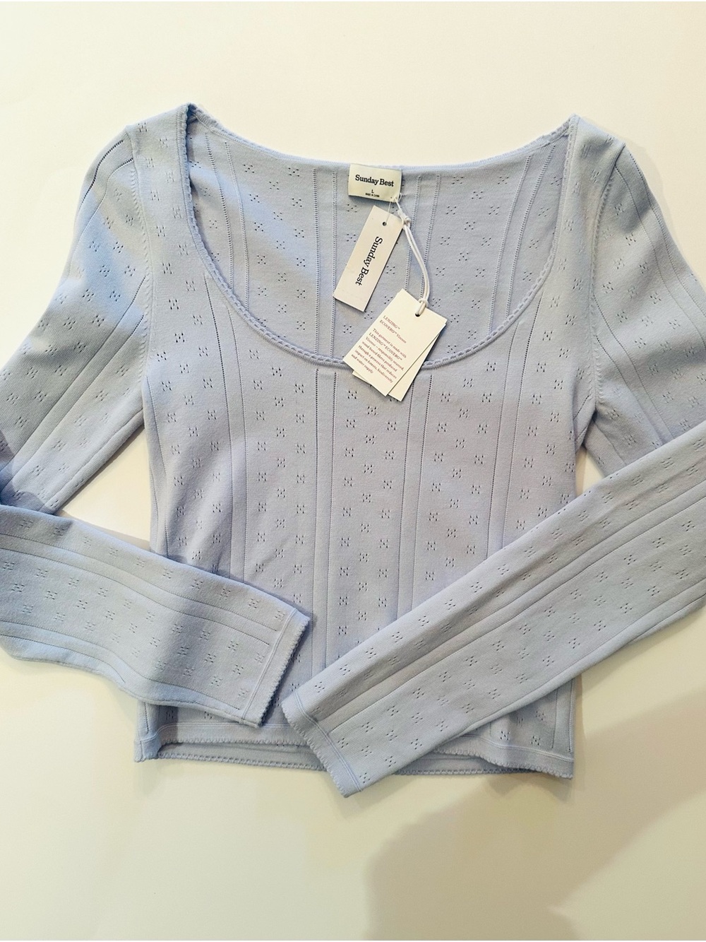 Sunday Best Pale Blue Pointelle Scoop Neck Long Sleeve Top, new, Large